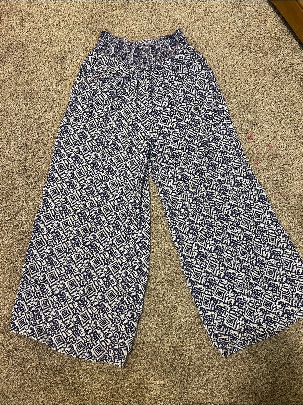 Aventura Blue & White Smocked Neck Wide-Leg Pants